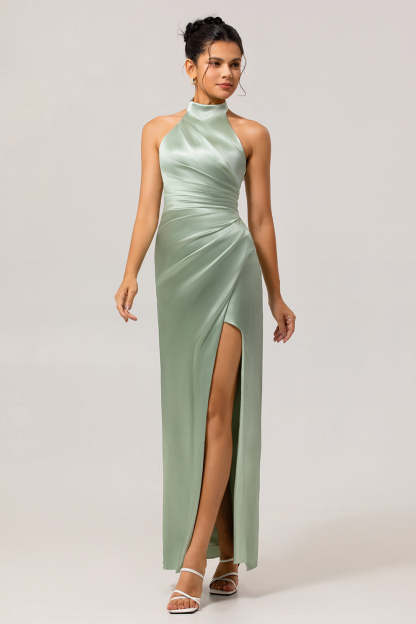Leely Women Sage Green Mermaid Maxi Satin Bridesmaid Dress with Slit Halter Ruched Backless Summer Wedding Guest Dress