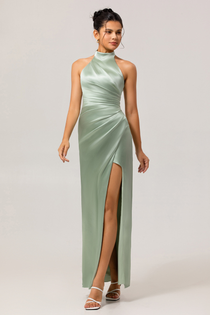 Satin Mermaid Blush Halter Ruched Maxi Bridesmaid Dress with Slit