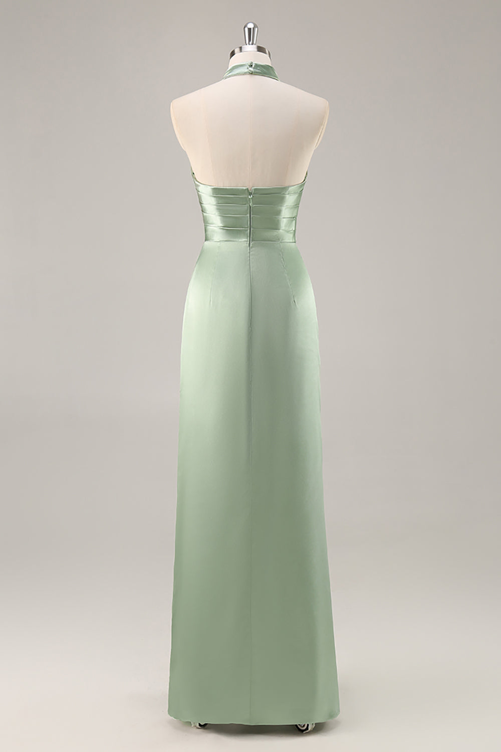 Satin Sage Green Halter Ruched Mermaid Maxi Bridesmaid Dress with Slit