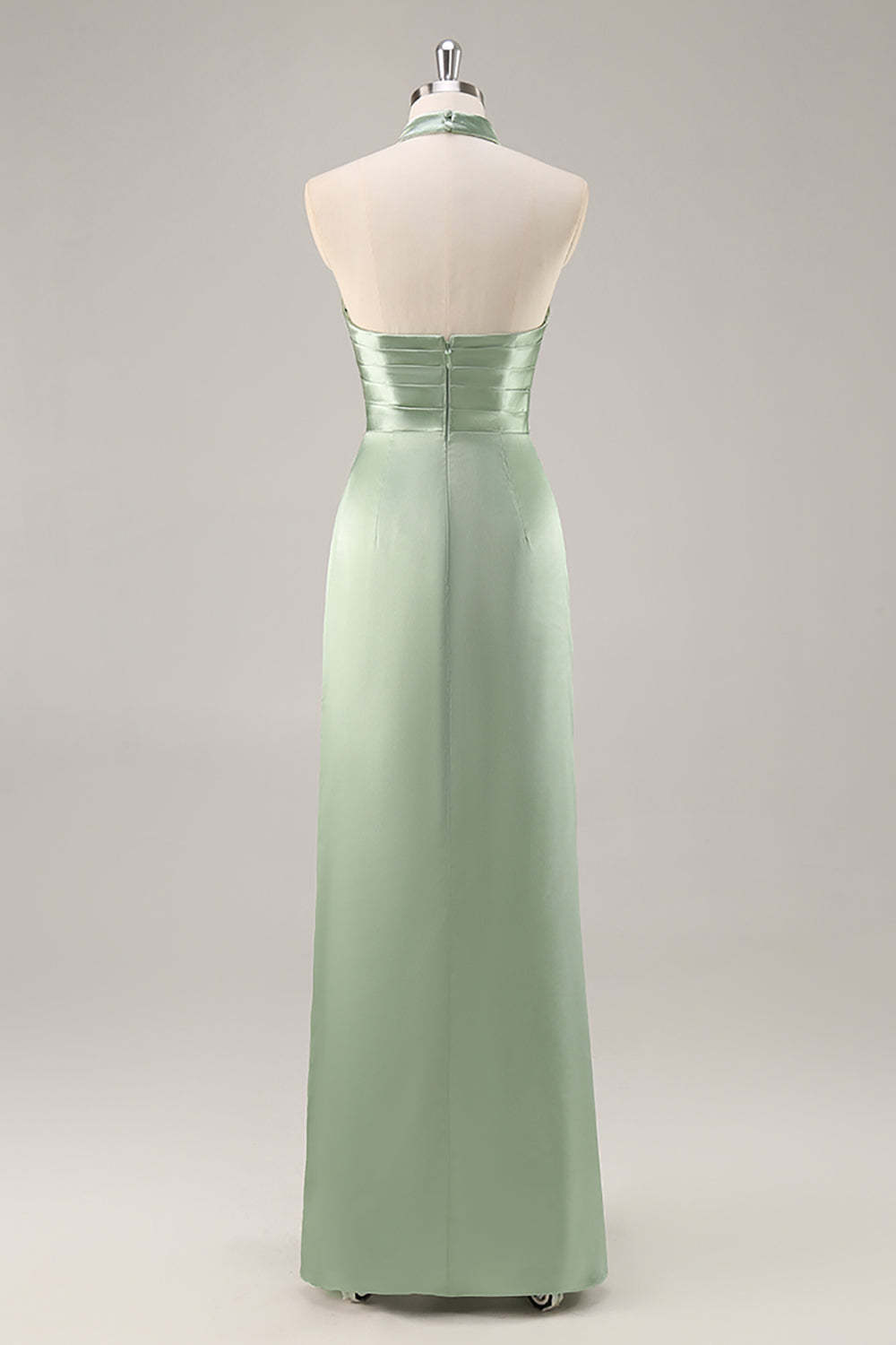 Satin Mermaid Blush Halter Ruched Maxi Bridesmaid Dress with Slit