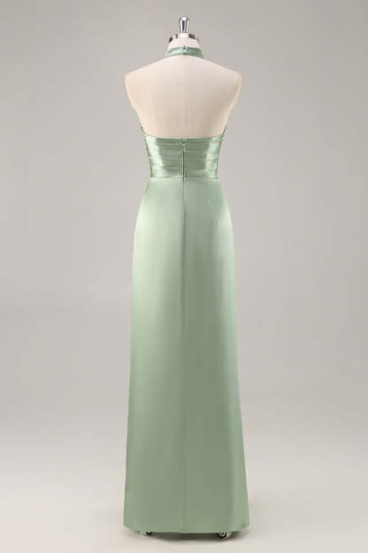 Satin Mermaid Blush Halter Ruched Maxi Bridesmaid Dress with Slit