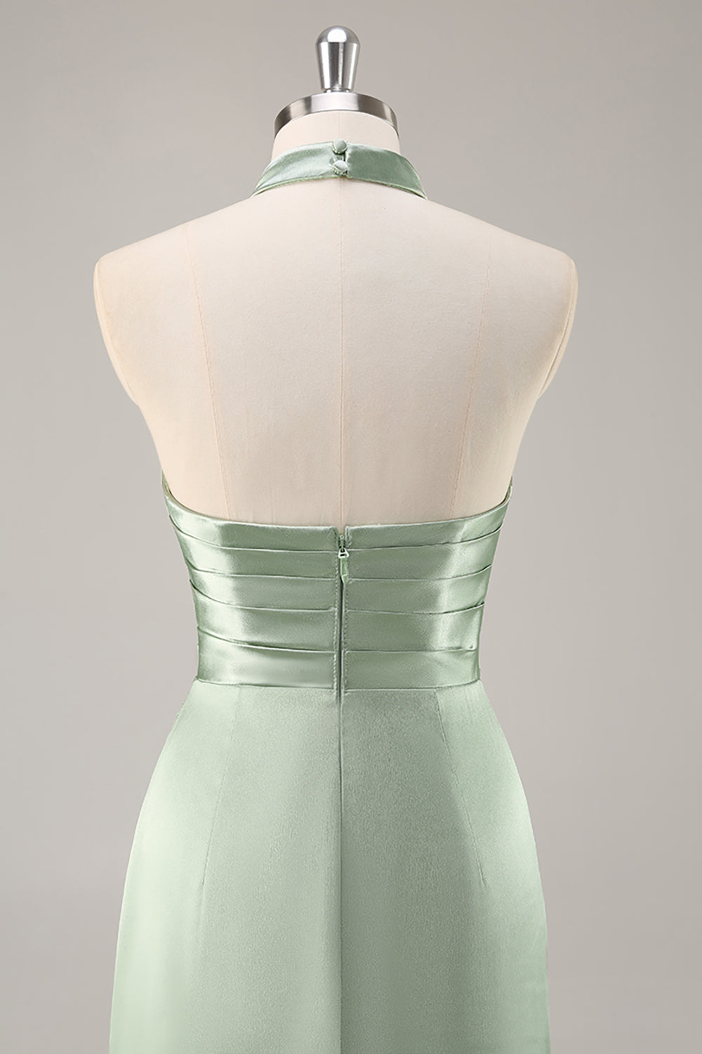 Satin Mermaid Blush Halter Ruched Maxi Bridesmaid Dress with Slit