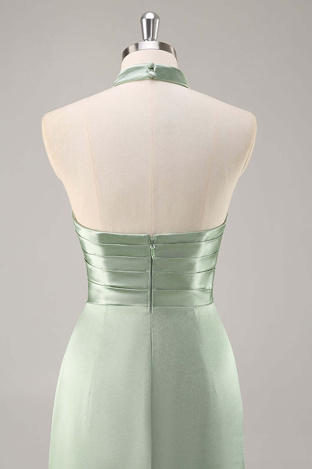 Satin Mermaid Blush Halter Ruched Maxi Bridesmaid Dress with Slit