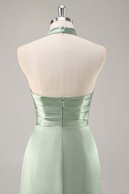 Satin Mermaid Blush Halter Ruched Maxi Bridesmaid Dress with Slit