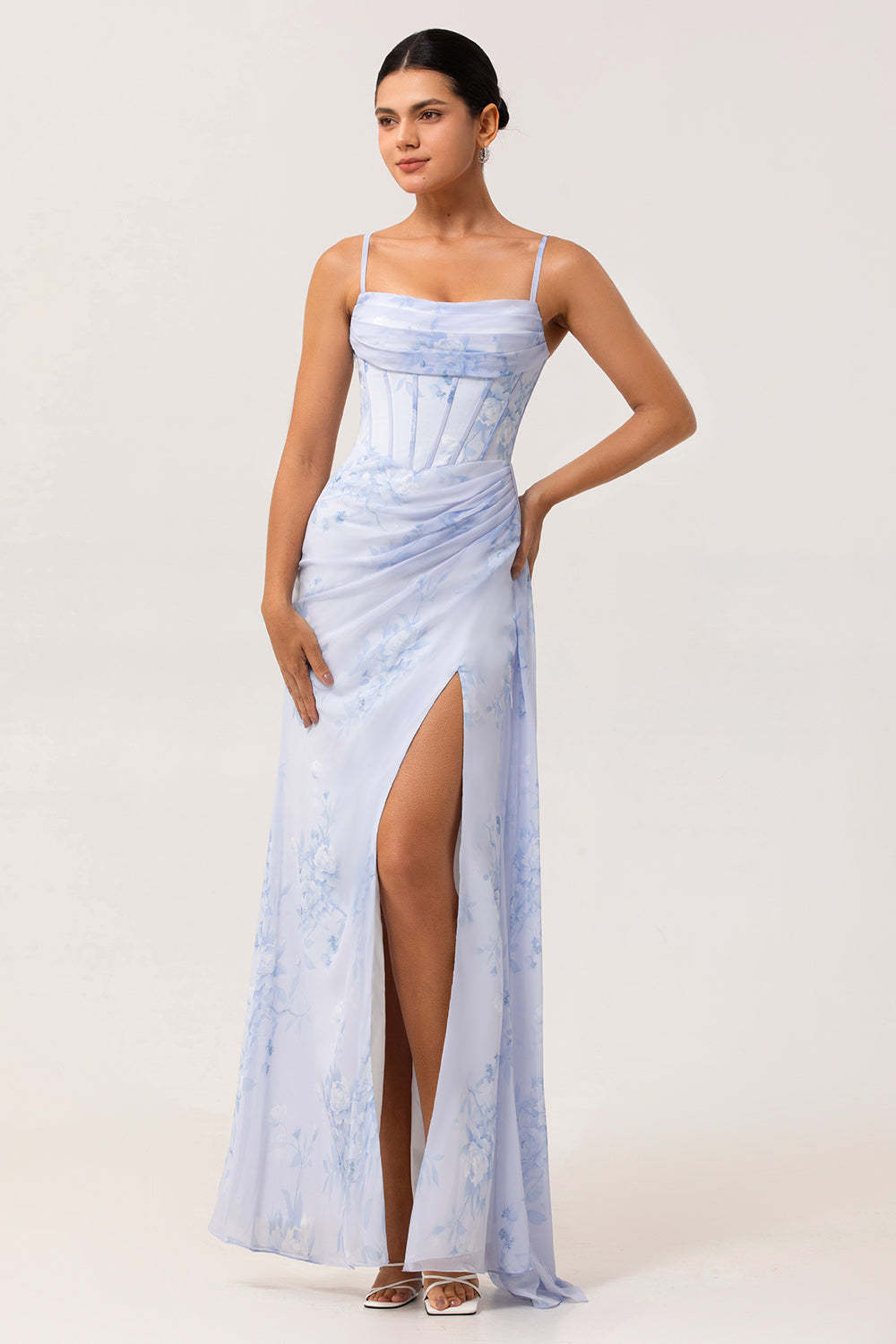 Leely Women Blue Floral Chiffon Long Corset Bridesmaid Dress with Slit Sheath Ruched Spaghetti Straps Wedding Guest Dress with Side Cape