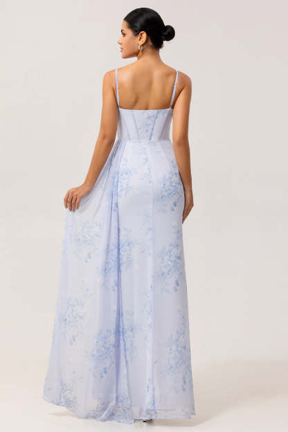 Blue Corset Long Ruched Floral Bridesmaid Dress with Slit