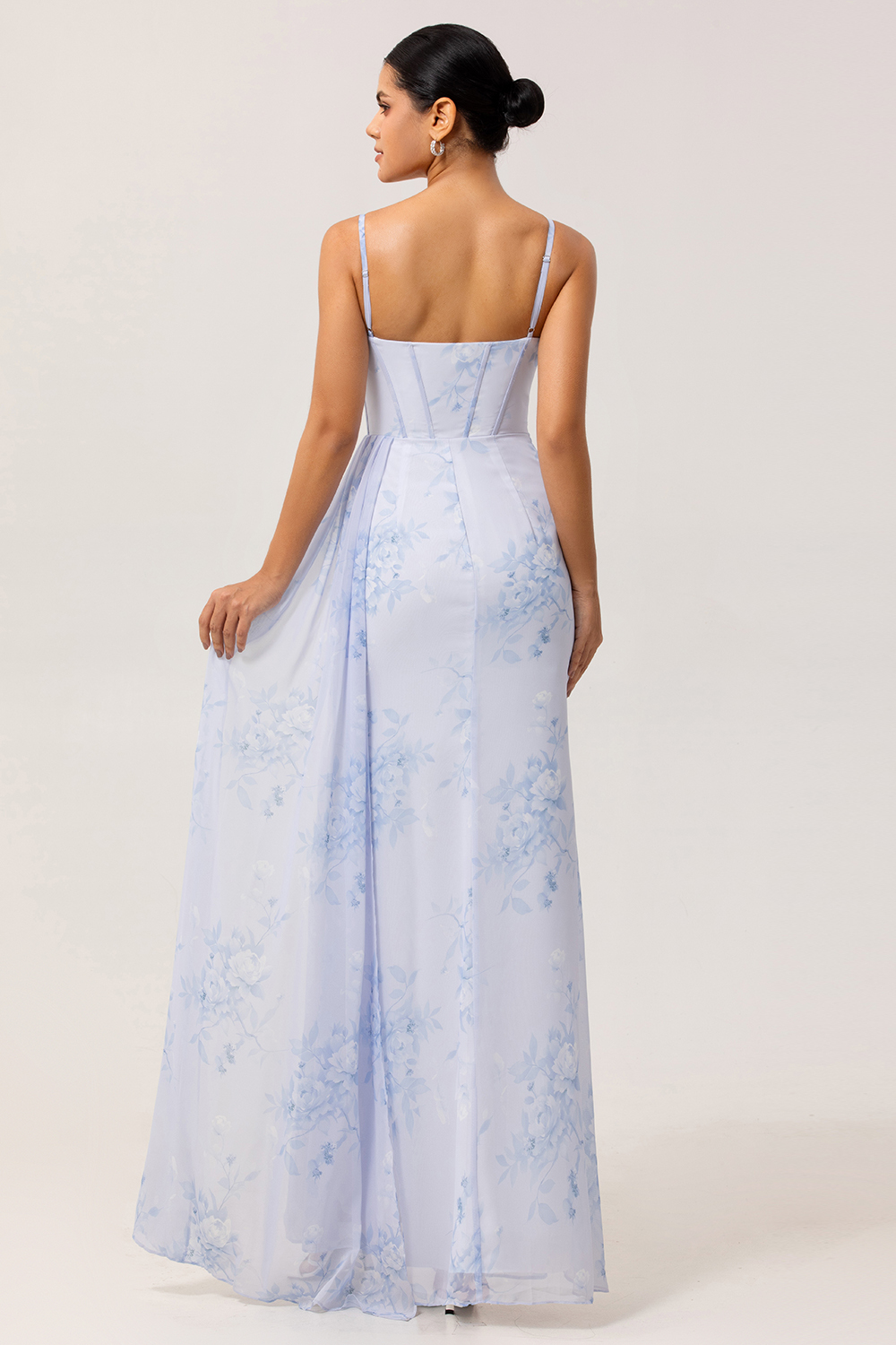 Blue Floral Ruched Corset Mermaid Maxi Bridesmaid Dress with Slit