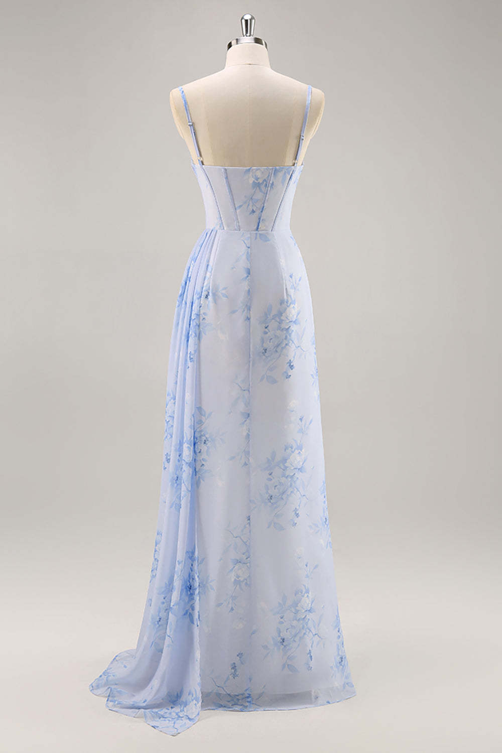 Blue Floral Ruched Corset Mermaid Maxi Bridesmaid Dress with Slit