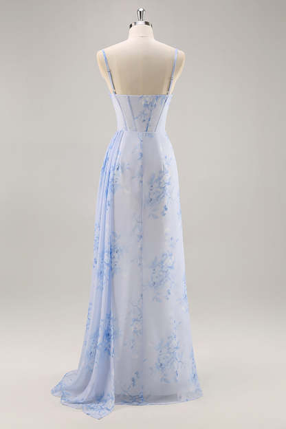 Blue Floral Ruched Corset Mermaid Maxi Bridesmaid Dress with Slit