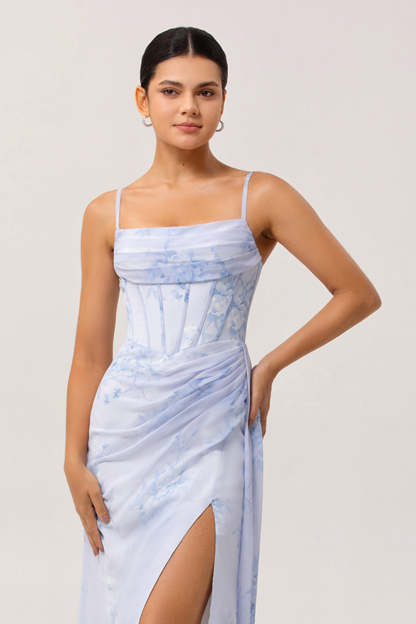 Blue Corset Long Ruched Floral Bridesmaid Dress with Slit
