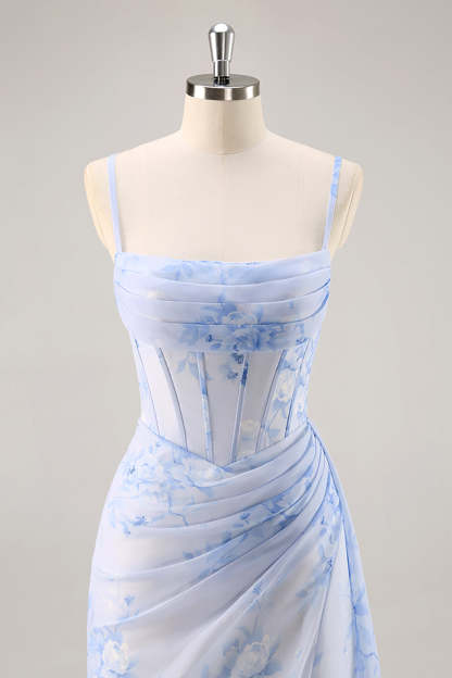 Blue Floral Ruched Corset Mermaid Maxi Bridesmaid Dress with Slit