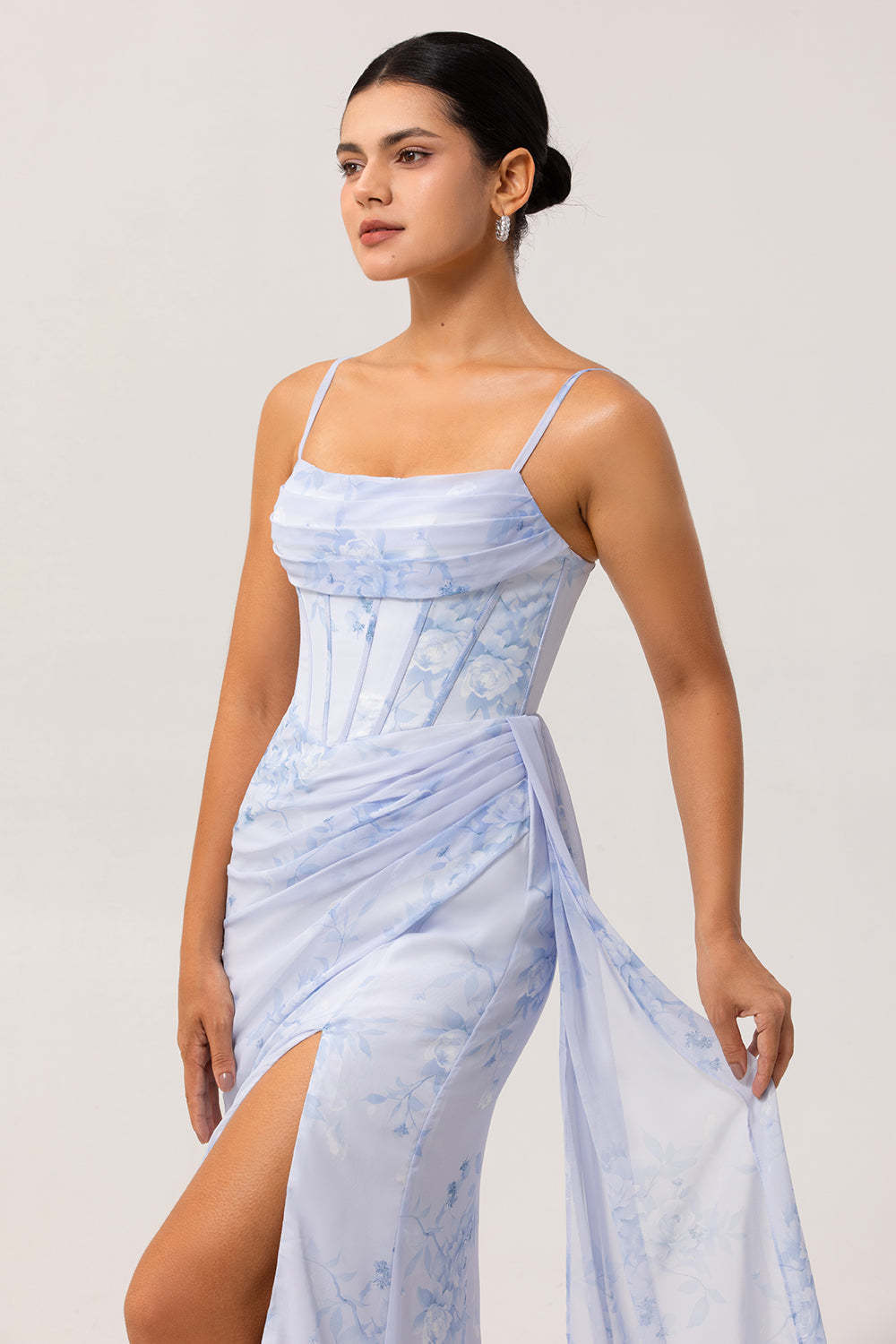 Blue Corset Long Ruched Floral Bridesmaid Dress with Slit