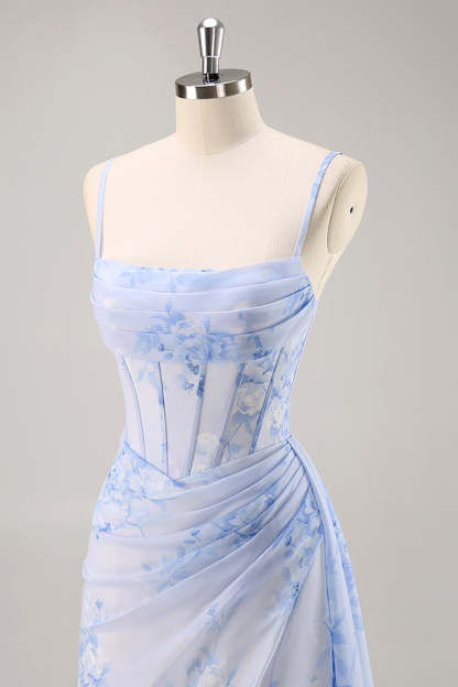 Blue Floral Ruched Corset Mermaid Maxi Bridesmaid Dress with Slit