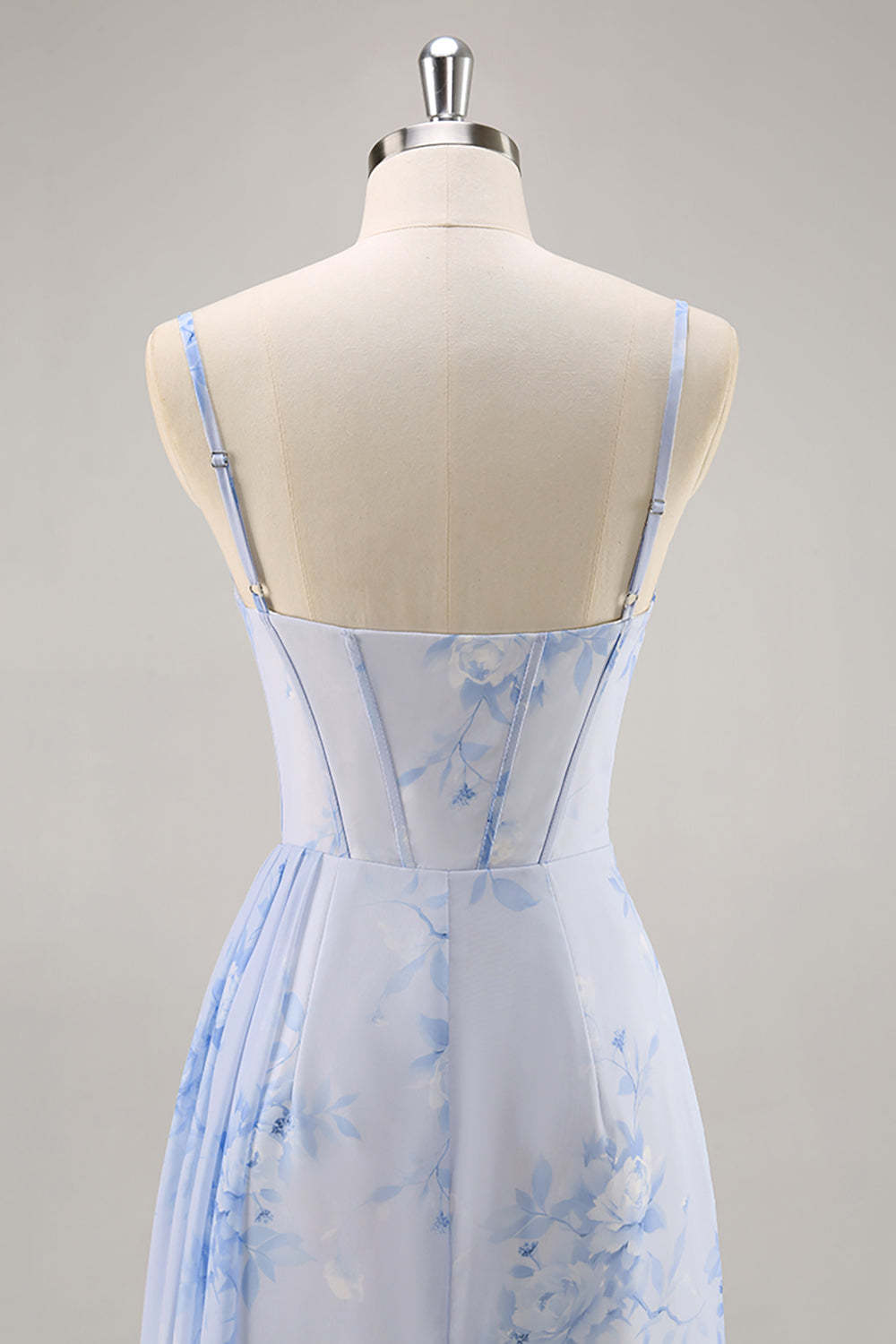 Blue Floral Ruched Corset Mermaid Maxi Bridesmaid Dress with Slit