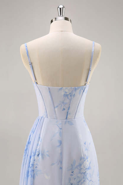 Blue Floral Ruched Corset Mermaid Maxi Bridesmaid Dress with Slit