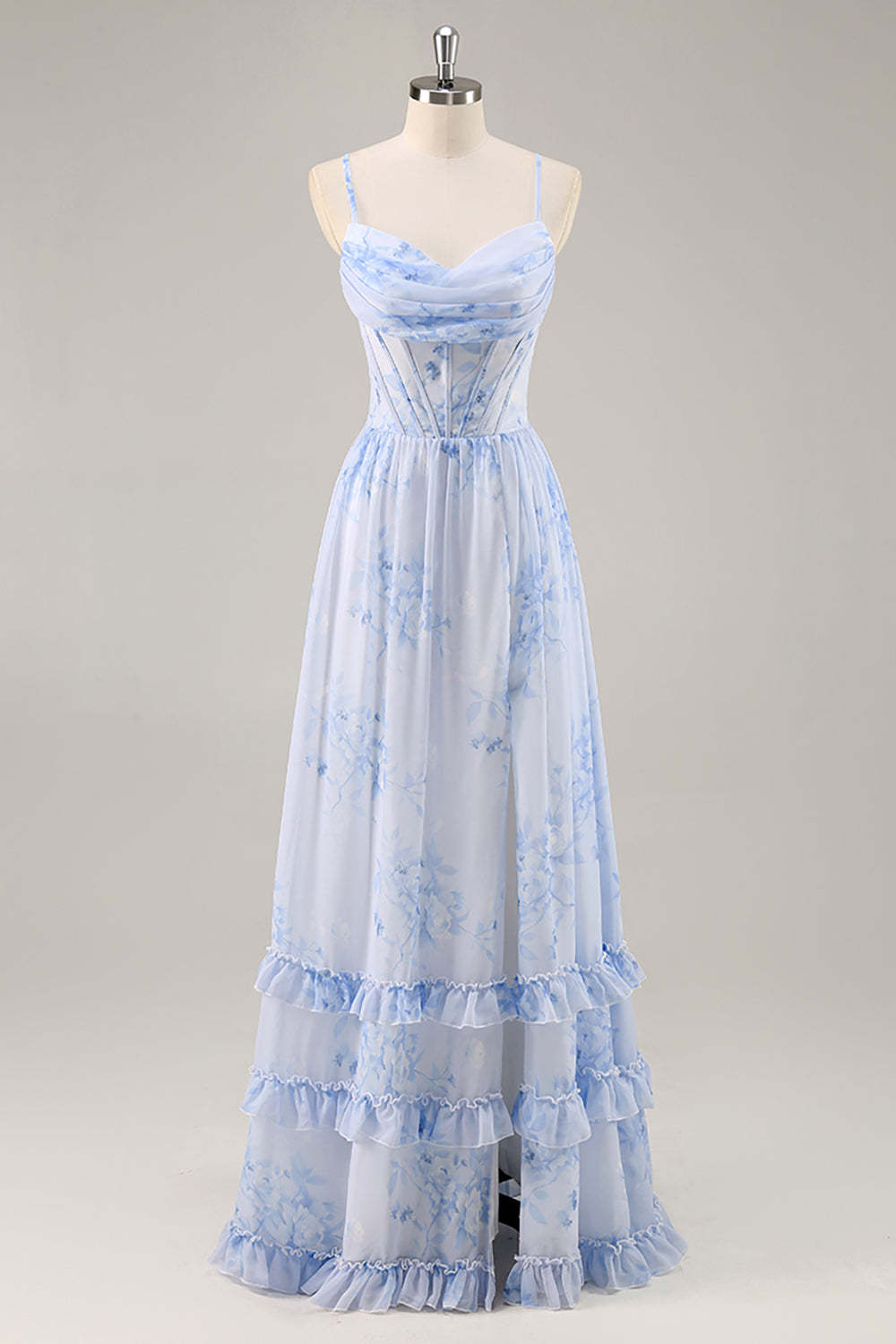 Leely Women Blue Corset Floral Ruffled Maxi Bridesmaid Dress with Slit Chiffon A Line Ruched Spaghetti Straps Lace Up Back Wedding Guest Dress