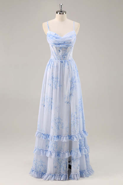 Leely Women Blue Corset Floral Ruffled Maxi Bridesmaid Dress with Slit Chiffon A Line Ruched Spaghetti Straps Lace Up Back Wedding Guest Dress