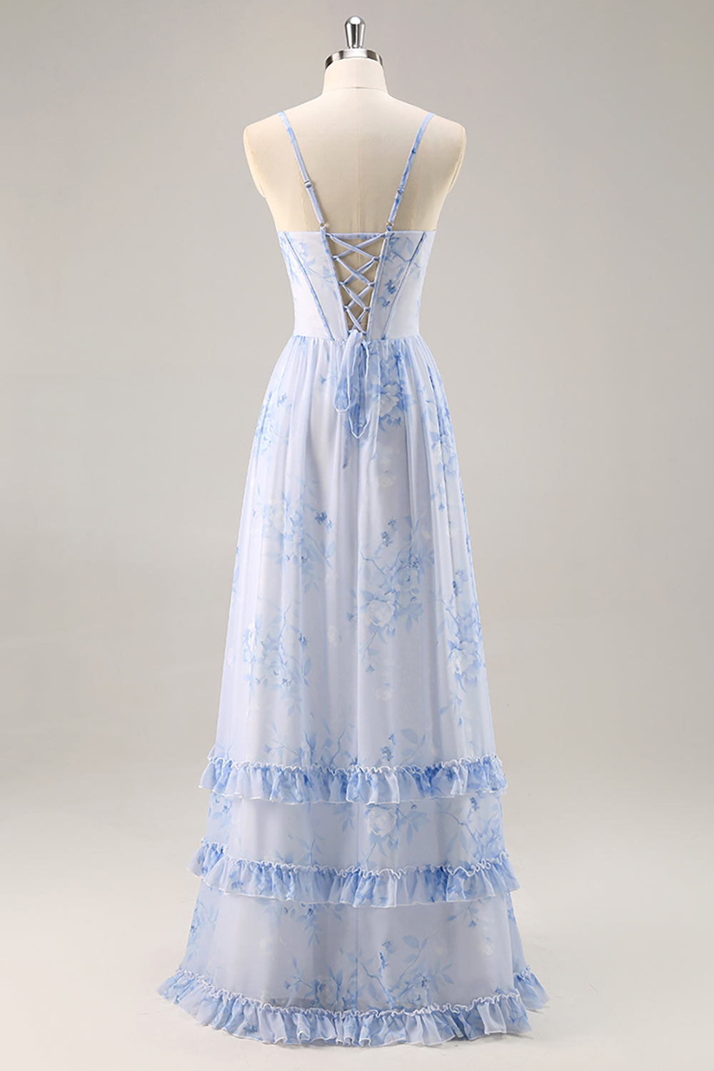 Blue Corset Floral Ruffled Maxi A Line Bridesmaid Dress with Slit