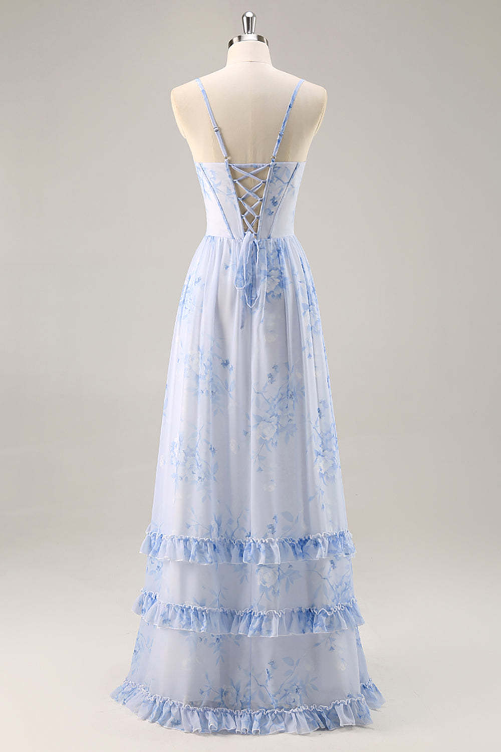 Blue Corset Floral Ruffled Maxi A Line Bridesmaid Dress with Slit