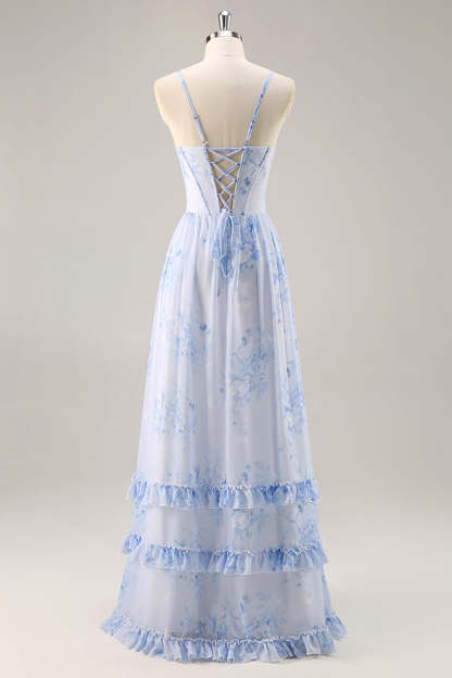 Blue Corset Floral Ruffled Maxi A Line Bridesmaid Dress with Slit