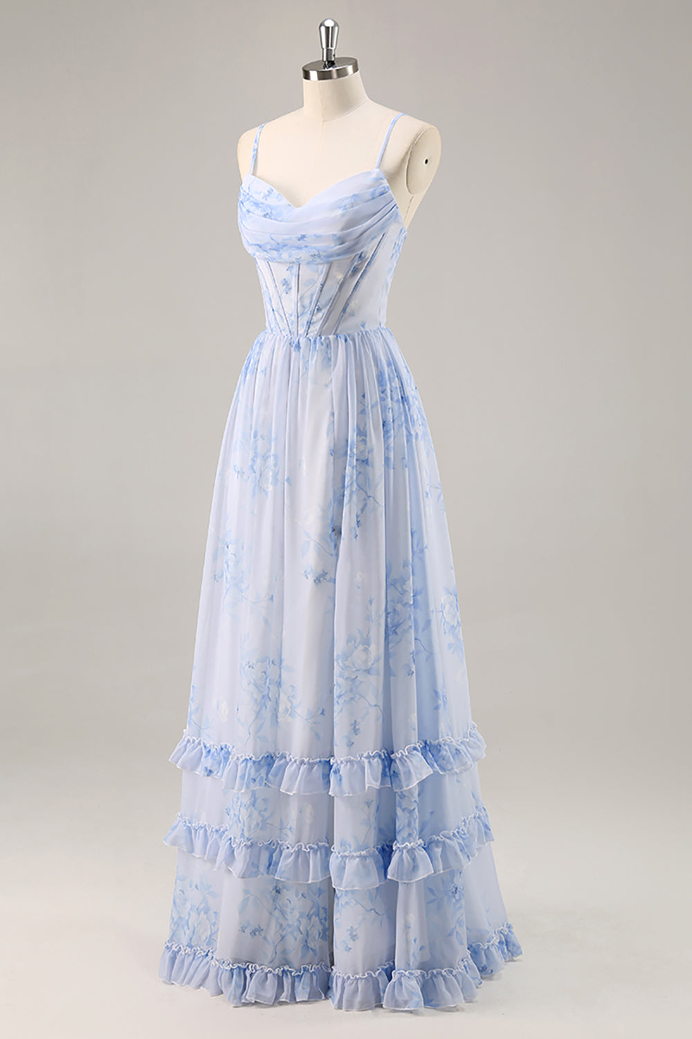 Blue Corset Floral Ruffled Maxi A Line Bridesmaid Dress with Slit