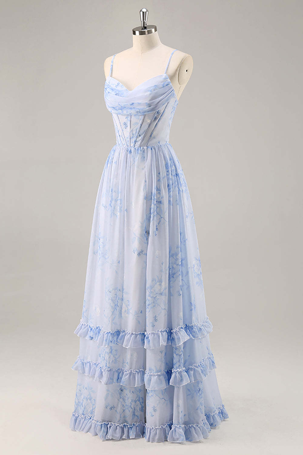 Blue Corset Floral Ruffled Maxi A Line Bridesmaid Dress with Slit