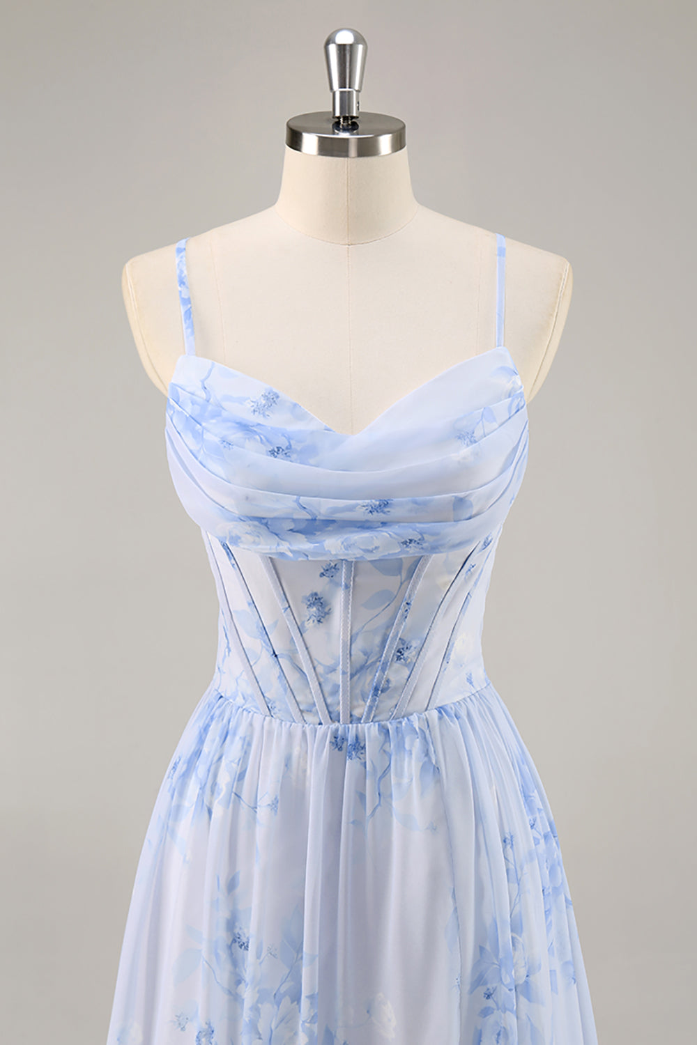 Blue Corset Floral Ruffled Maxi A Line Bridesmaid Dress with Slit