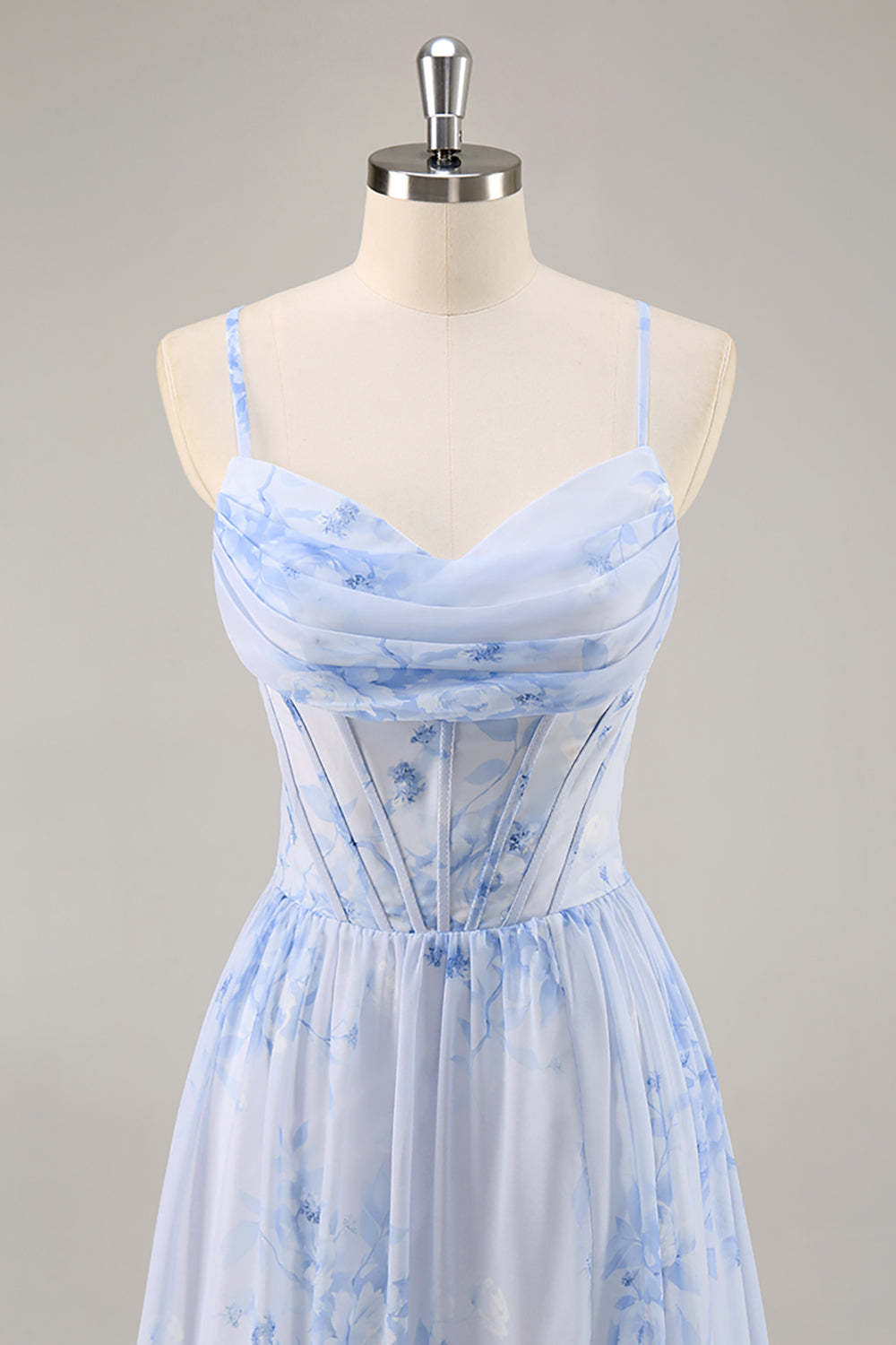 Blue Corset Floral Ruffled Maxi A Line Bridesmaid Dress with Slit