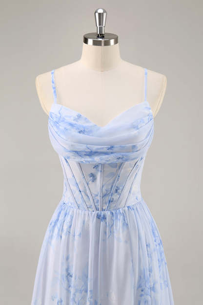 Blue Corset Floral Ruffled Maxi A Line Bridesmaid Dress with Slit