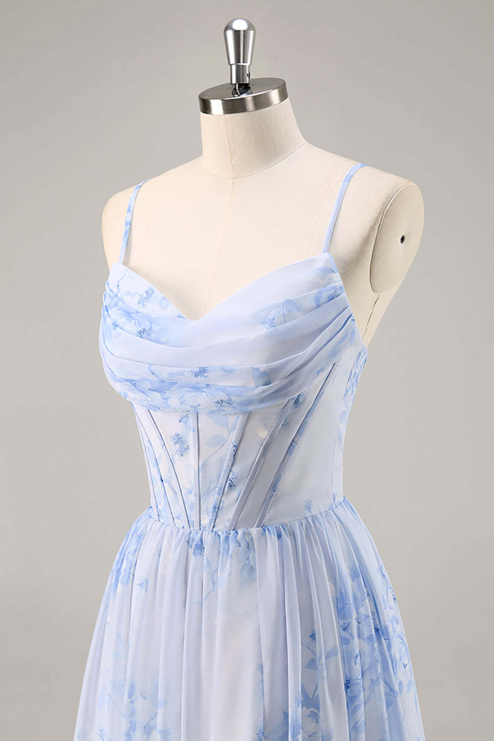 Blue Corset Floral Ruffled Maxi A Line Bridesmaid Dress with Slit