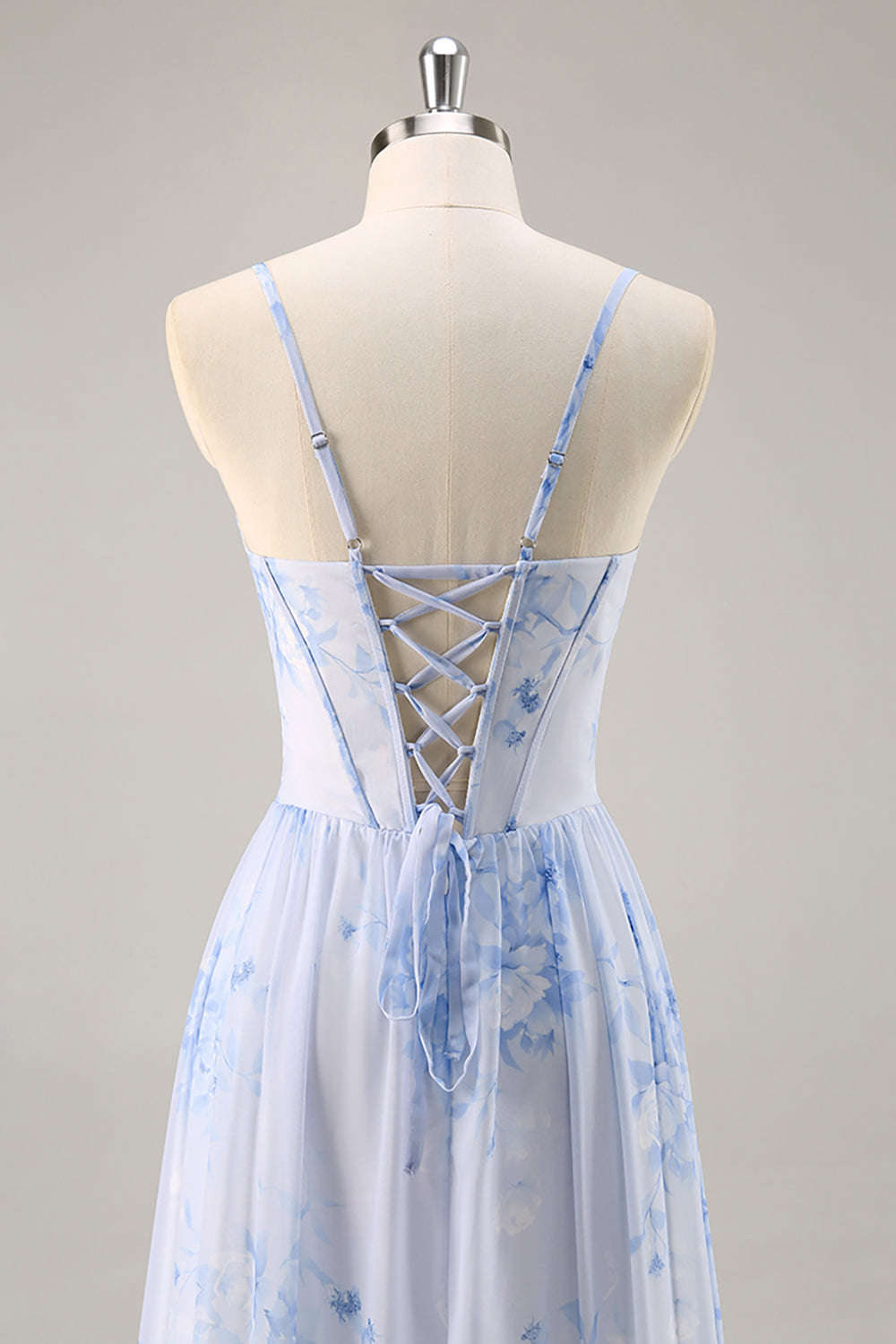 Blue Corset Floral Ruffled Maxi A Line Bridesmaid Dress with Slit