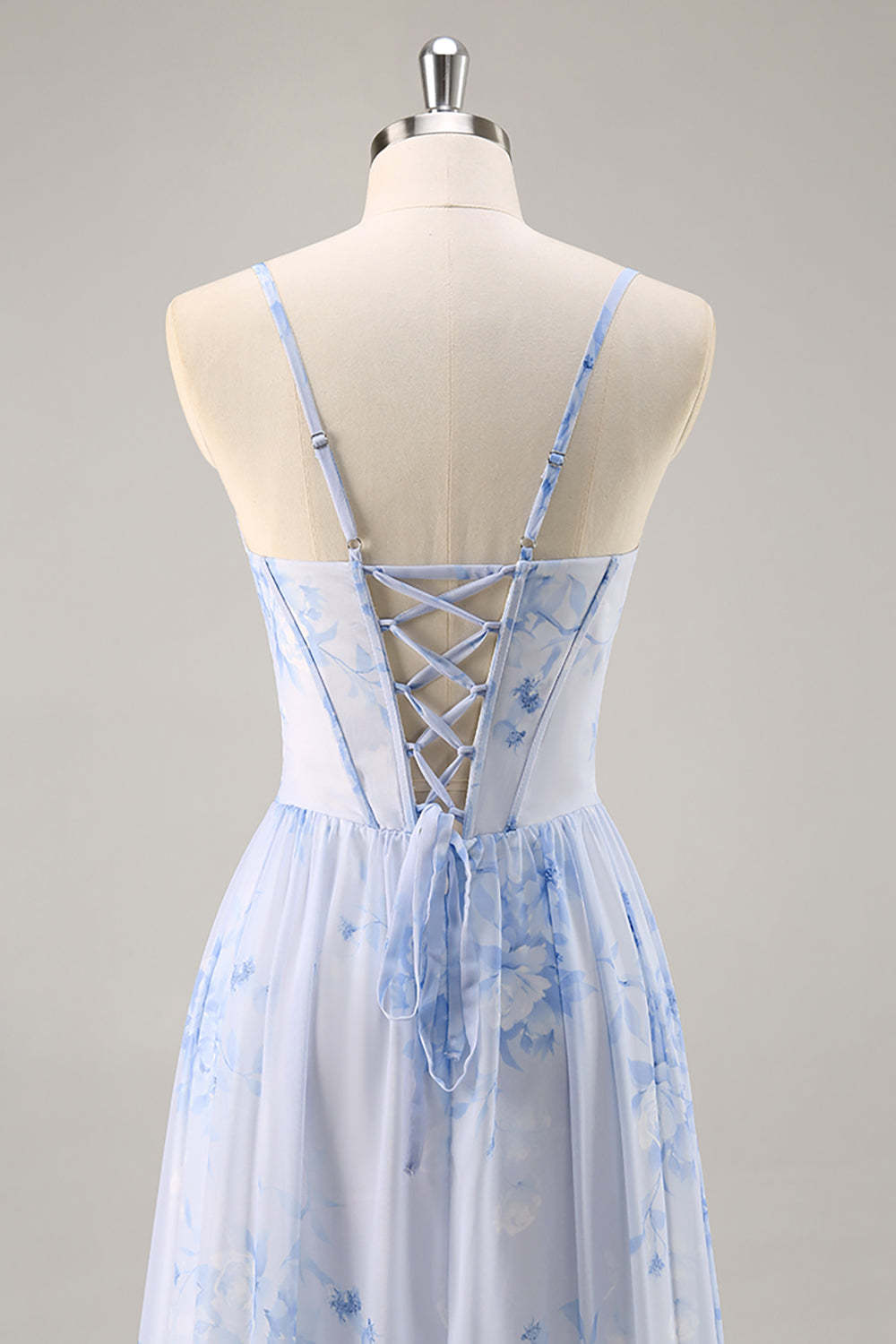 Blue Corset Floral Ruffled Maxi A Line Bridesmaid Dress with Slit