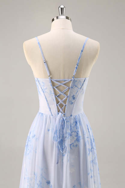 Blue Corset Floral Ruffled Maxi A Line Bridesmaid Dress with Slit