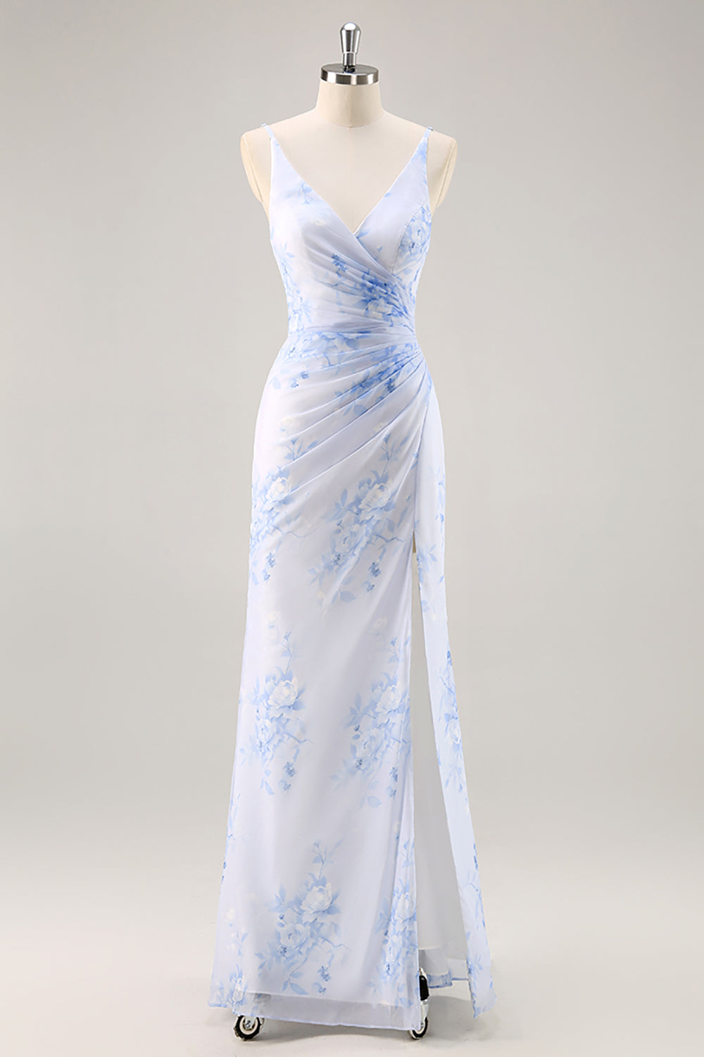 Blue Mermaid Floral V-Neck Maxi Bridesmaid Dress with Slit