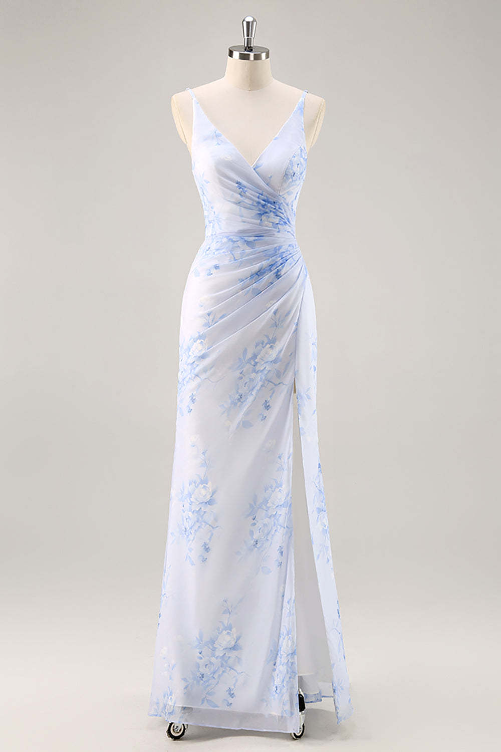 Leely Women Blue Floral Mermaid Maxi Bridesmaid Dress V-Neck Ruched Wedding Guest Dress with Slit