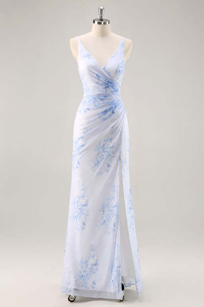 Leely Women Blue Floral Mermaid Maxi Bridesmaid Dress V-Neck Ruched Wedding Guest Dress with Slit