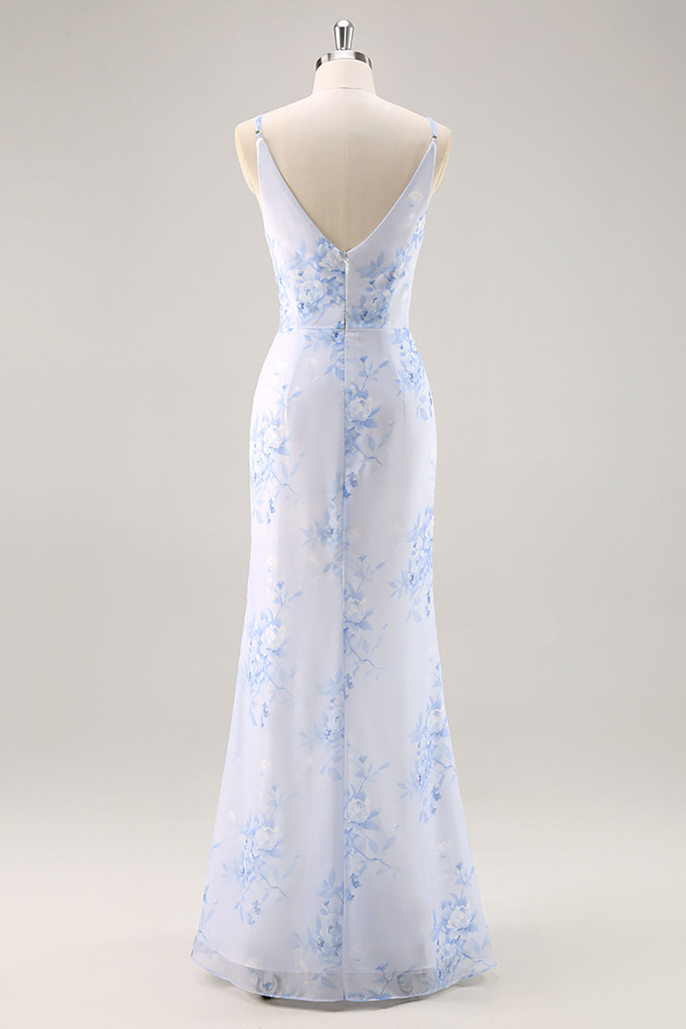 Blue Mermaid Floral V-Neck Maxi Bridesmaid Dress with Slit