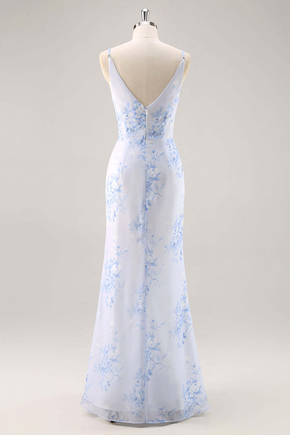 Blue Mermaid Floral V-Neck Maxi Bridesmaid Dress with Slit