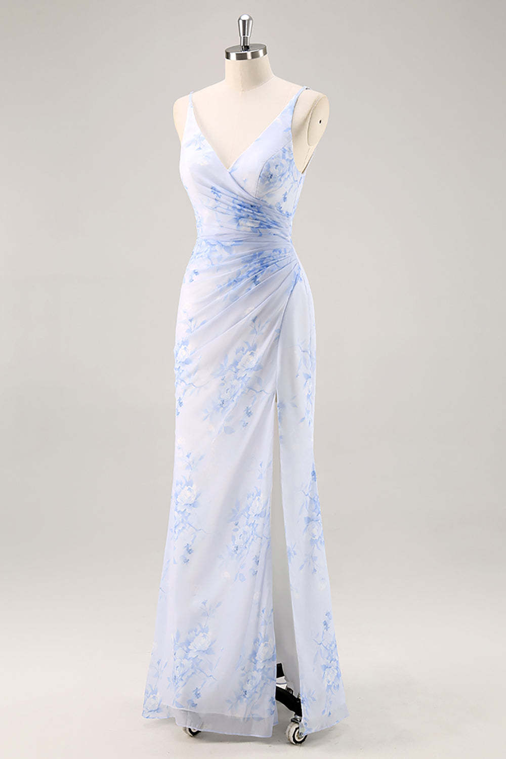Blue Mermaid Floral V-Neck Maxi Bridesmaid Dress with Slit