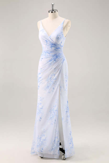 Blue Mermaid Floral V-Neck Maxi Bridesmaid Dress with Slit