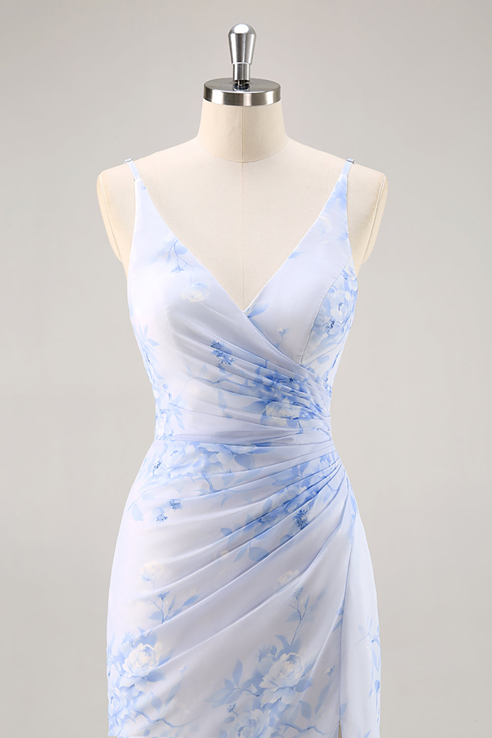 Blue Mermaid Floral V-Neck Maxi Bridesmaid Dress with Slit