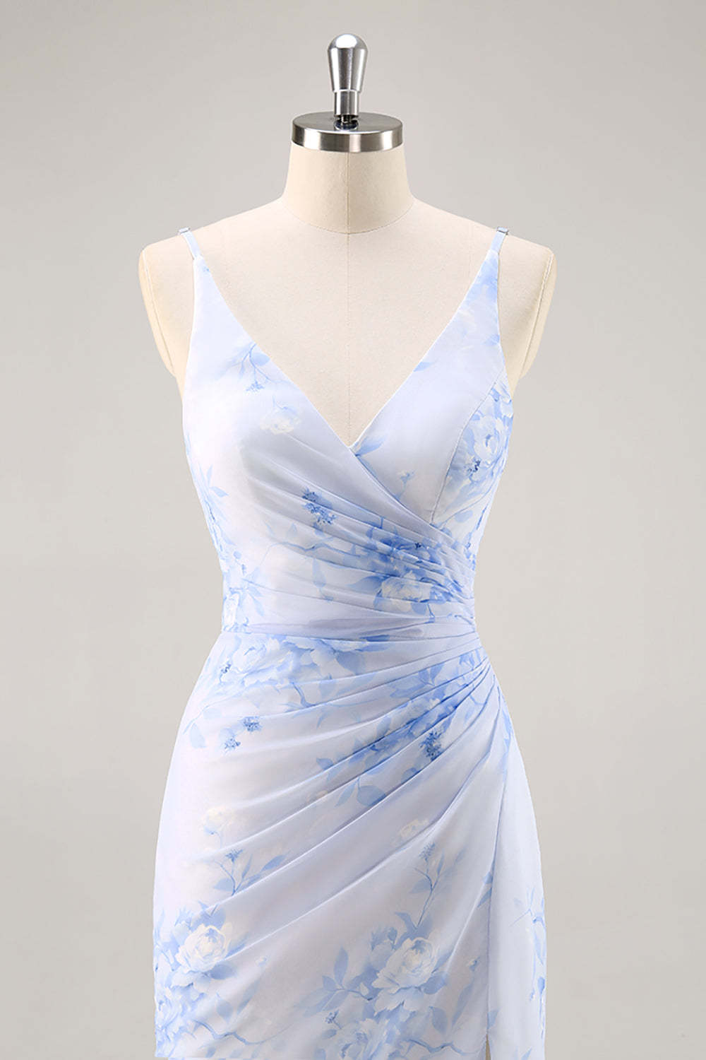 Blue Mermaid Floral V-Neck Maxi Bridesmaid Dress with Slit