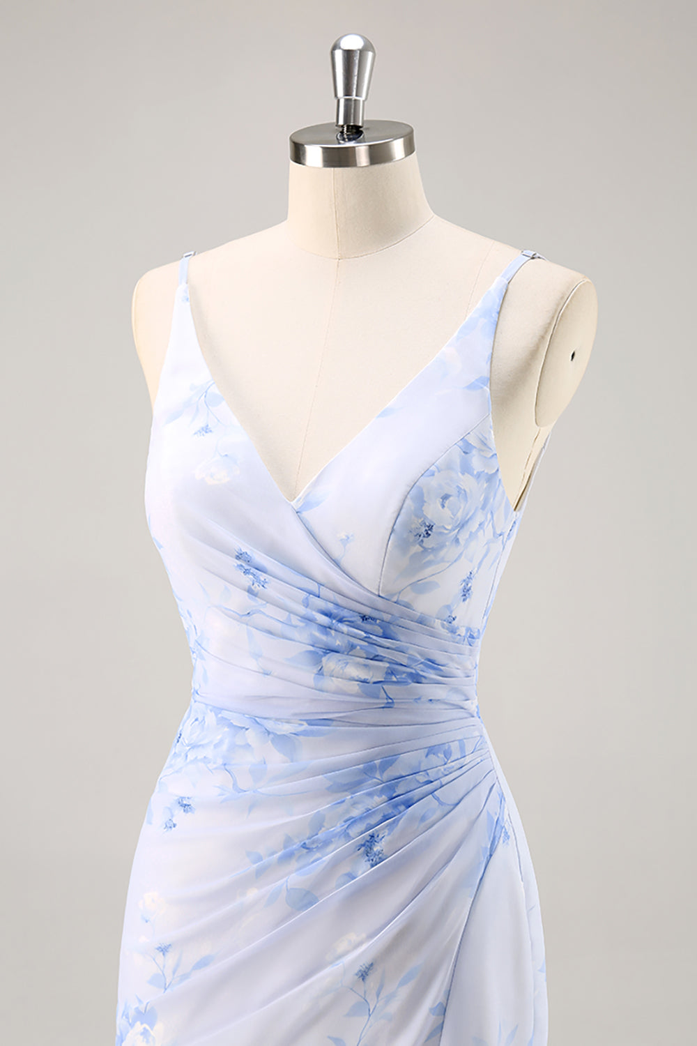 Blue Mermaid Floral V-Neck Maxi Bridesmaid Dress with Slit