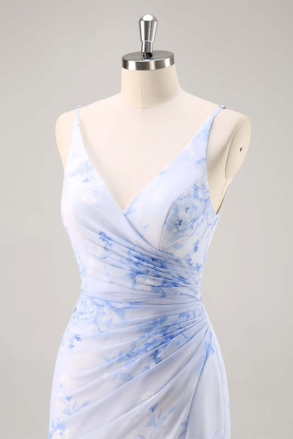 Blue Mermaid Floral V-Neck Maxi Bridesmaid Dress with Slit