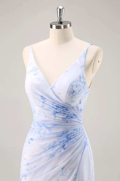 Blue Mermaid Floral V-Neck Maxi Bridesmaid Dress with Slit