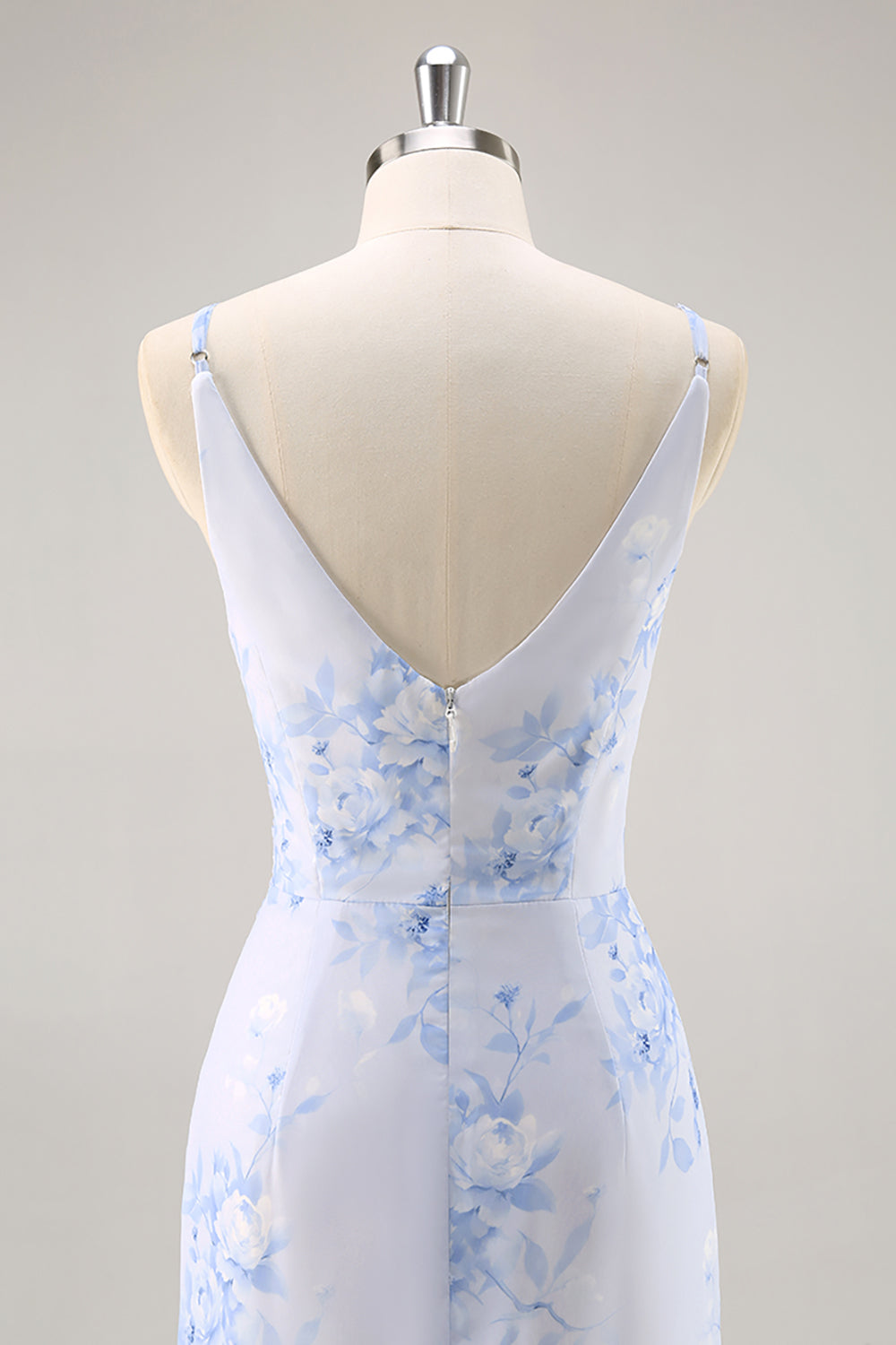 Blue Mermaid Floral V-Neck Maxi Bridesmaid Dress with Slit