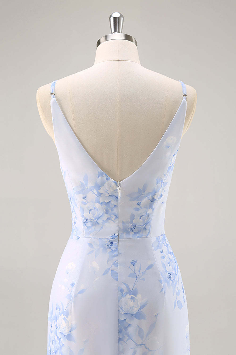 Blue Mermaid Floral V-Neck Maxi Bridesmaid Dress with Slit