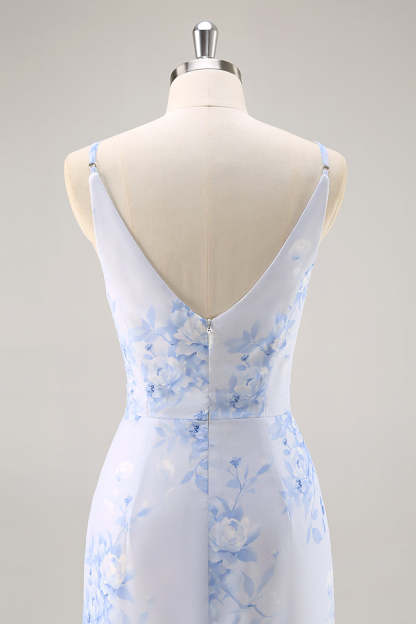 Blue Mermaid Floral V-Neck Maxi Bridesmaid Dress with Slit