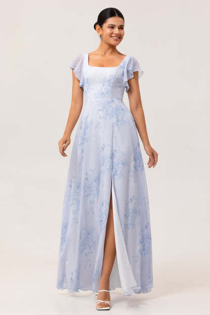 Leely Women Blue Chiffon Floral Maxi Ruffled Bridesmaid Dress with Slit A Line Square Neck Summer Wedding Guest Dress with Sleeves