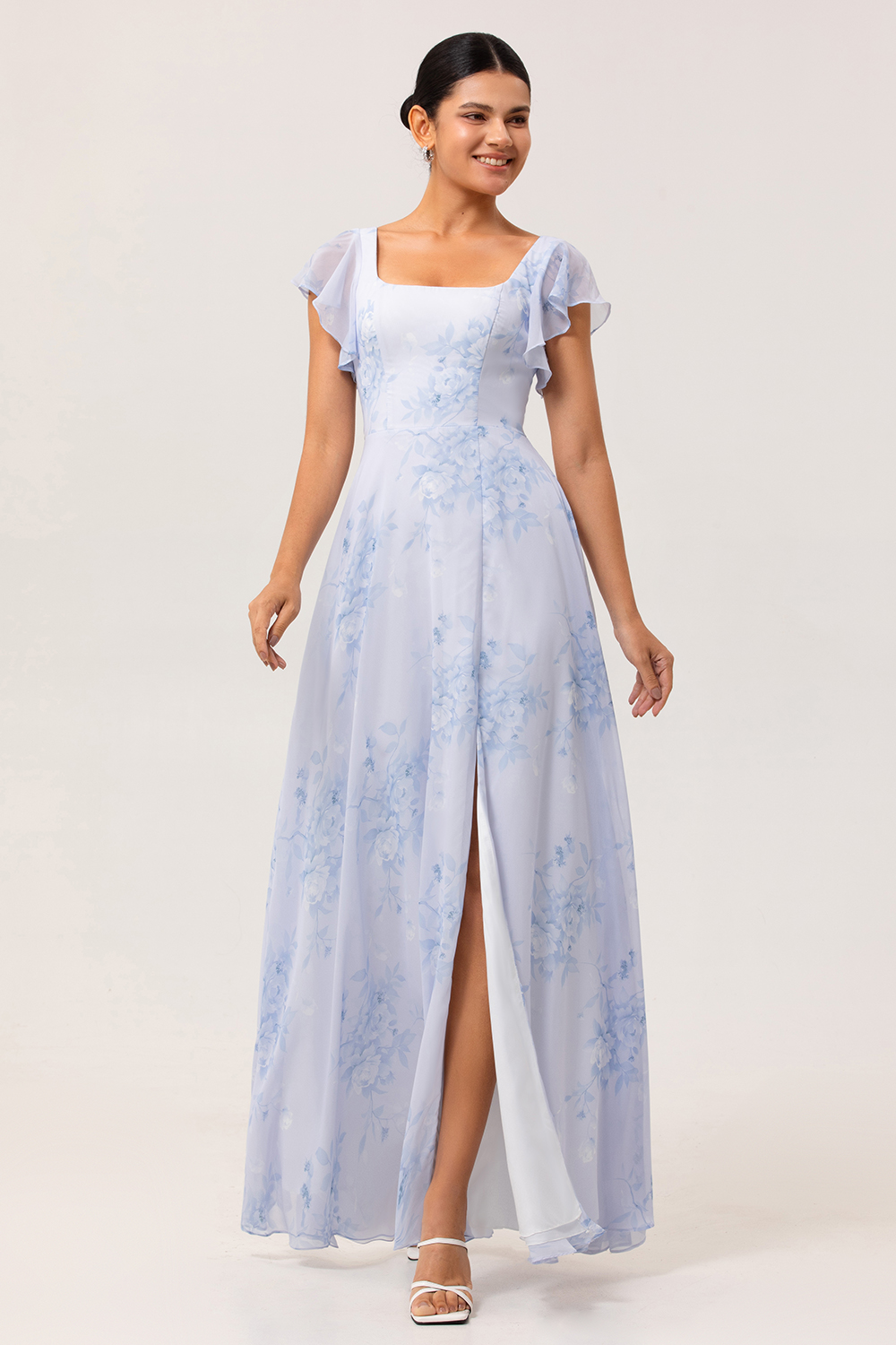 Maxi Blue Chiffon Floral Scoop Neck Ruffled Bridesmaid Dress with Slit